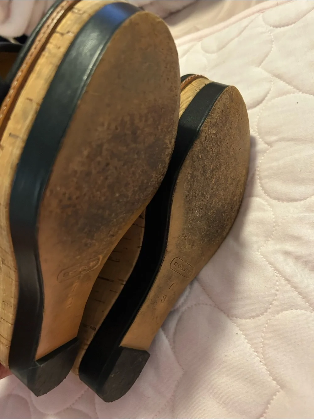 Coach Black Leather Tassel Platform Sandals with Gold Accents